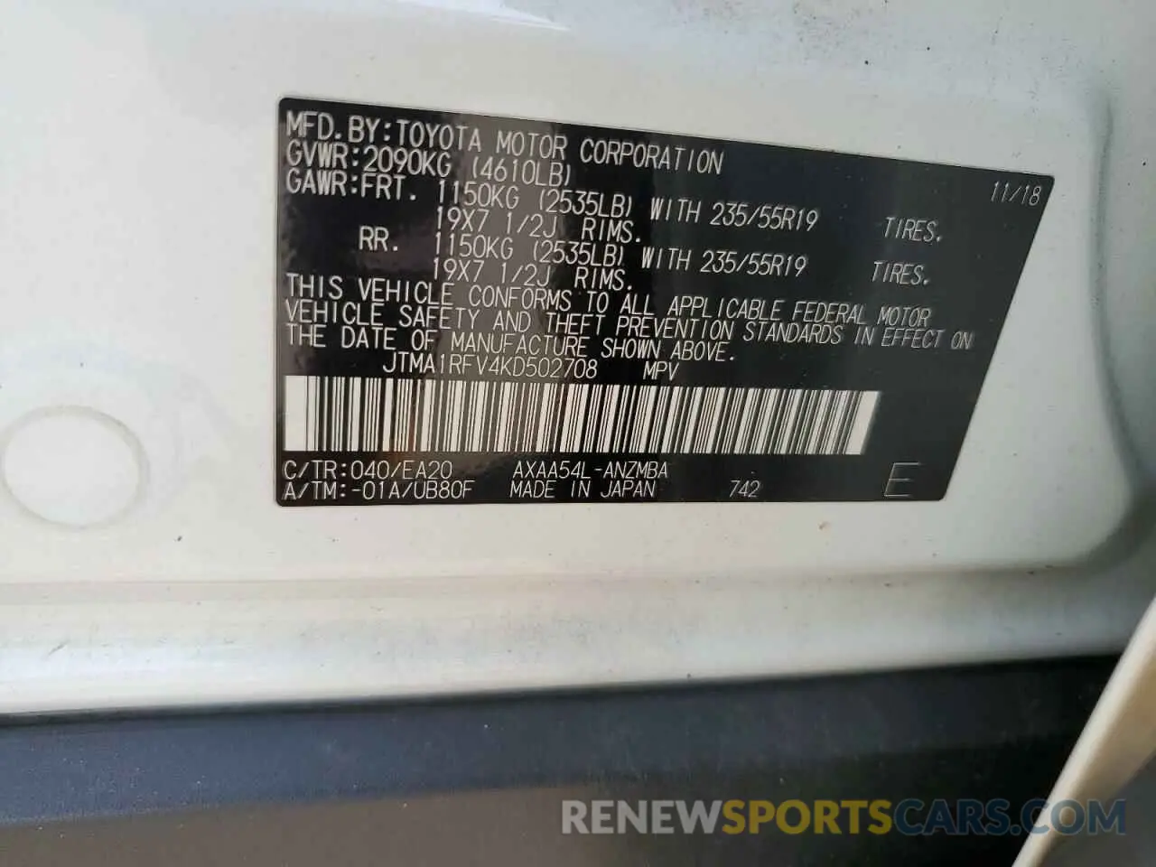 13 Photograph of a damaged car JTMA1RFV4KD502708 TOYOTA RAV4 2019