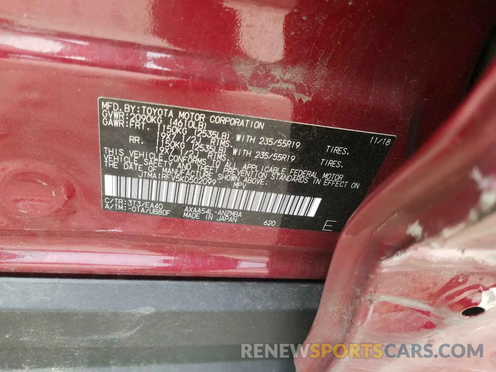 10 Photograph of a damaged car JTMA1RFV5KD502099 TOYOTA RAV4 2019