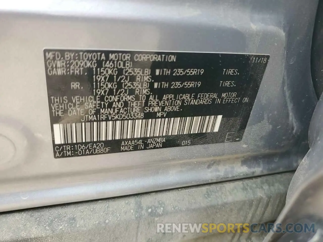 13 Photograph of a damaged car JTMA1RFV5KD503348 TOYOTA RAV4 2019
