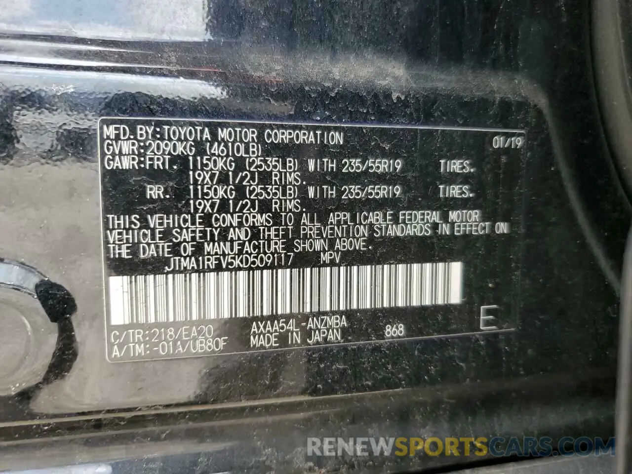 13 Photograph of a damaged car JTMA1RFV5KD509117 TOYOTA RAV4 2019
