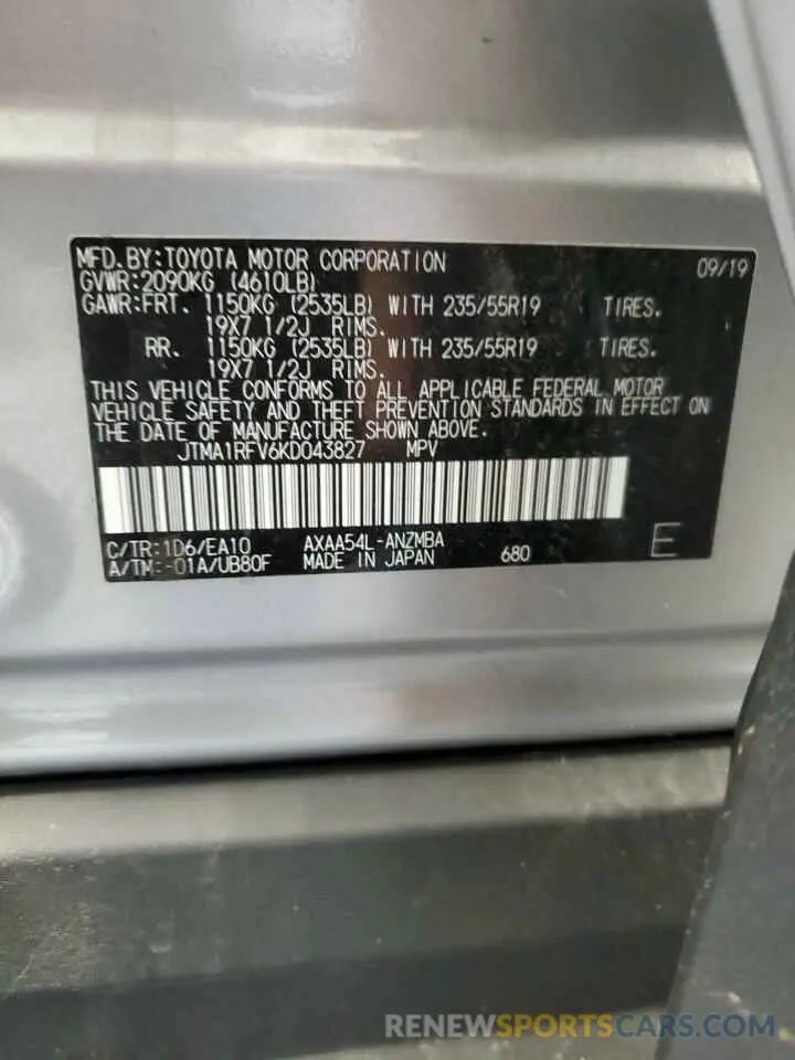 13 Photograph of a damaged car JTMA1RFV6KD043827 TOYOTA RAV4 2019