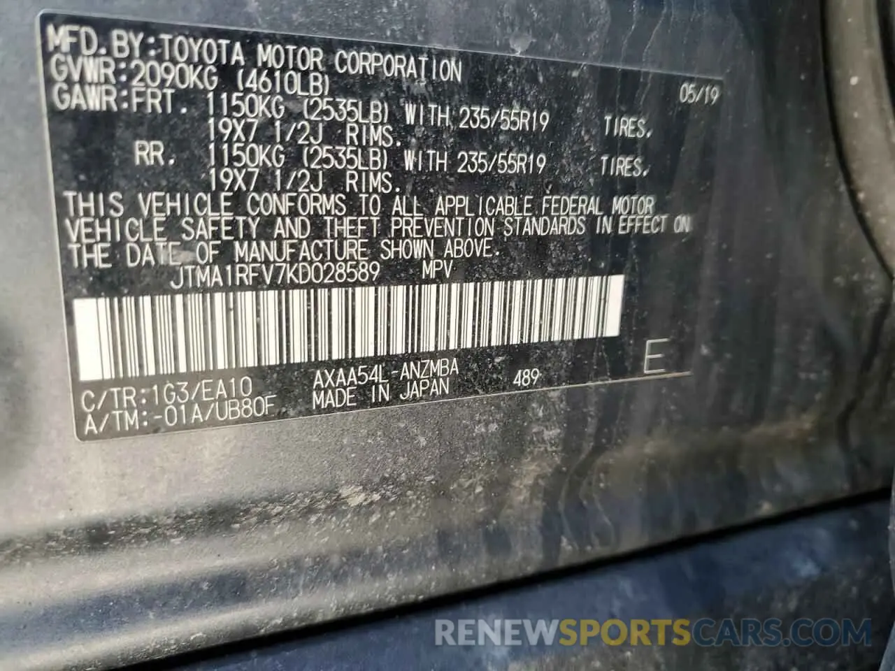 13 Photograph of a damaged car JTMA1RFV7KD028589 TOYOTA RAV4 2019