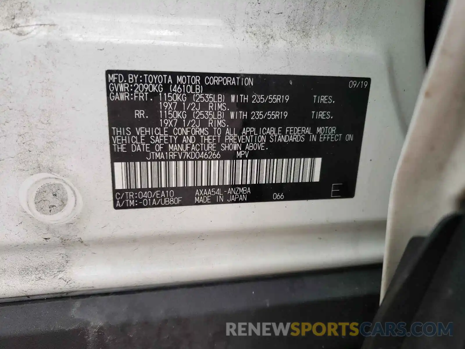 10 Photograph of a damaged car JTMA1RFV7KD046266 TOYOTA RAV4 2019