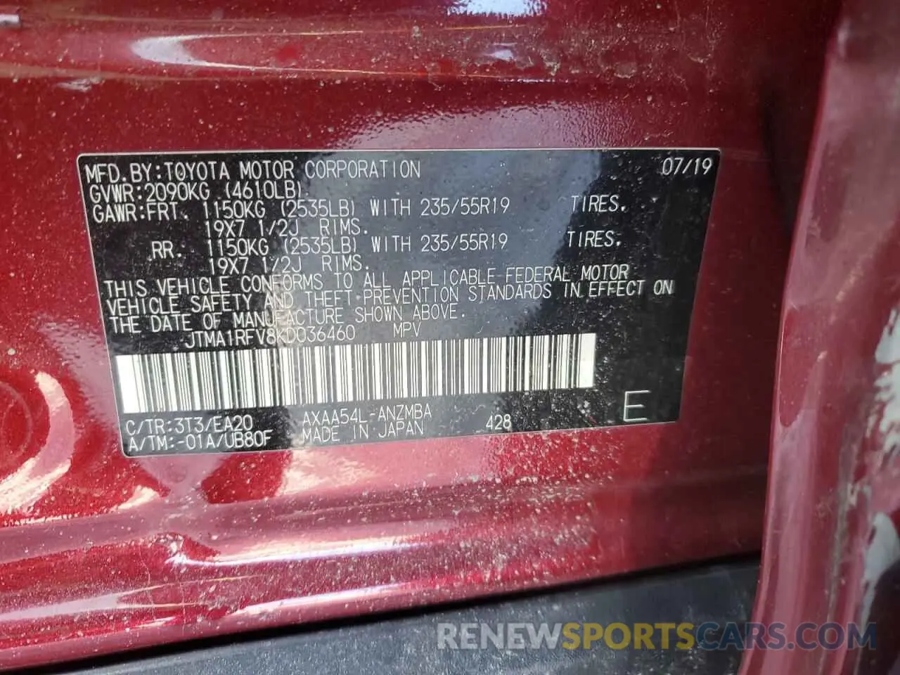 15 Photograph of a damaged car JTMA1RFV8KD036460 TOYOTA RAV4 2019