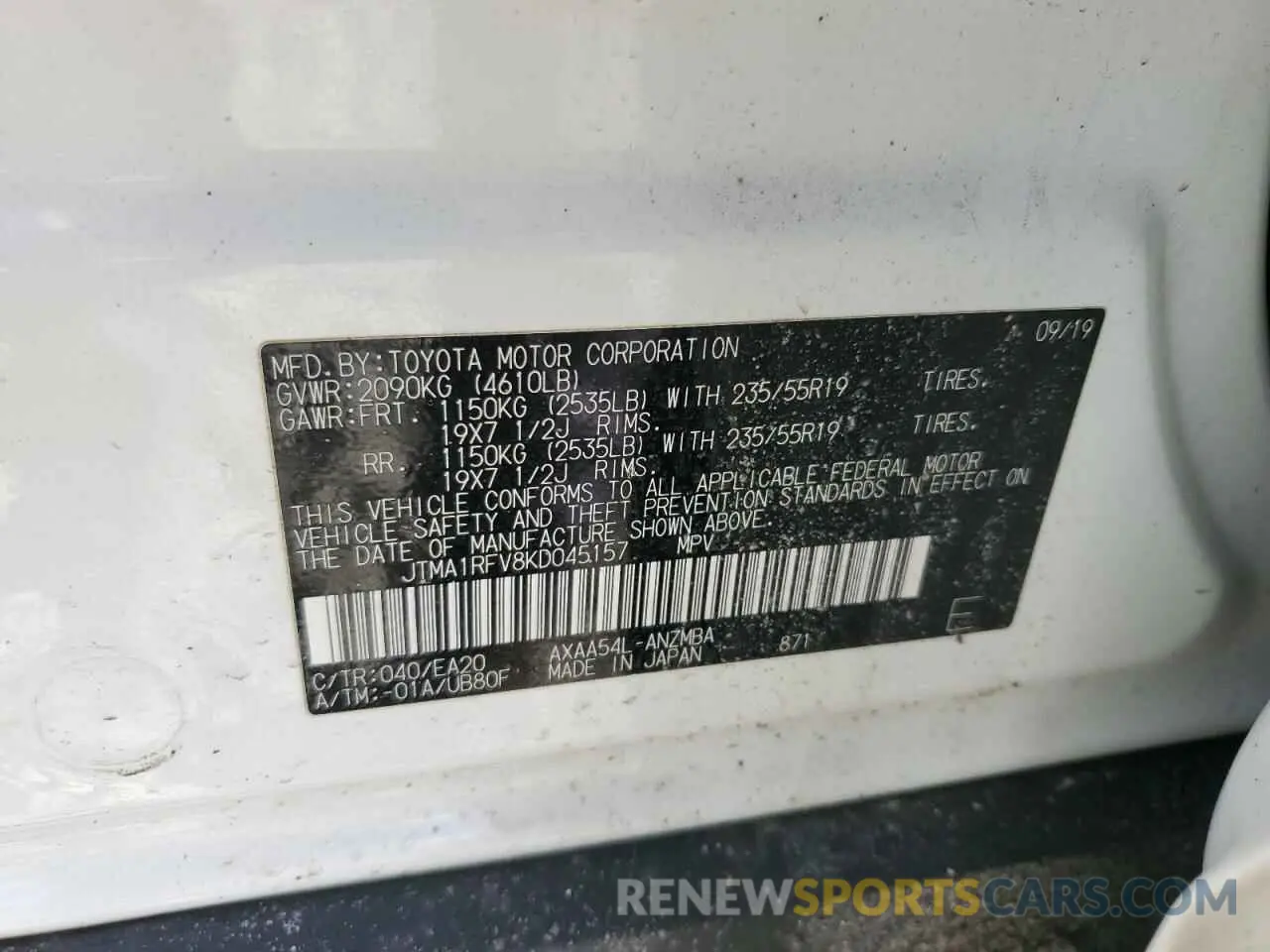 15 Photograph of a damaged car JTMA1RFV8KD045157 TOYOTA RAV4 2019