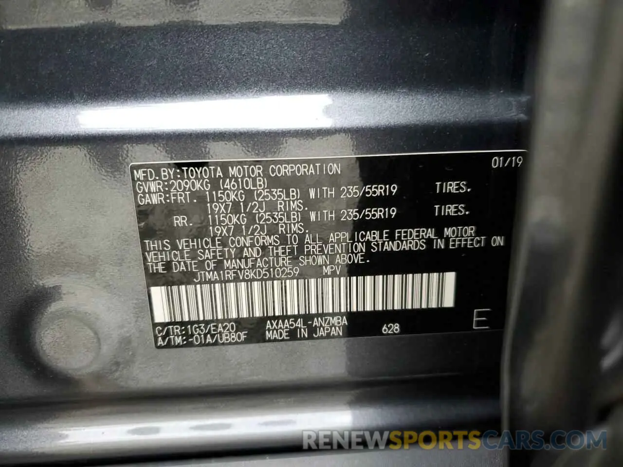 13 Photograph of a damaged car JTMA1RFV8KD510259 TOYOTA RAV4 2019
