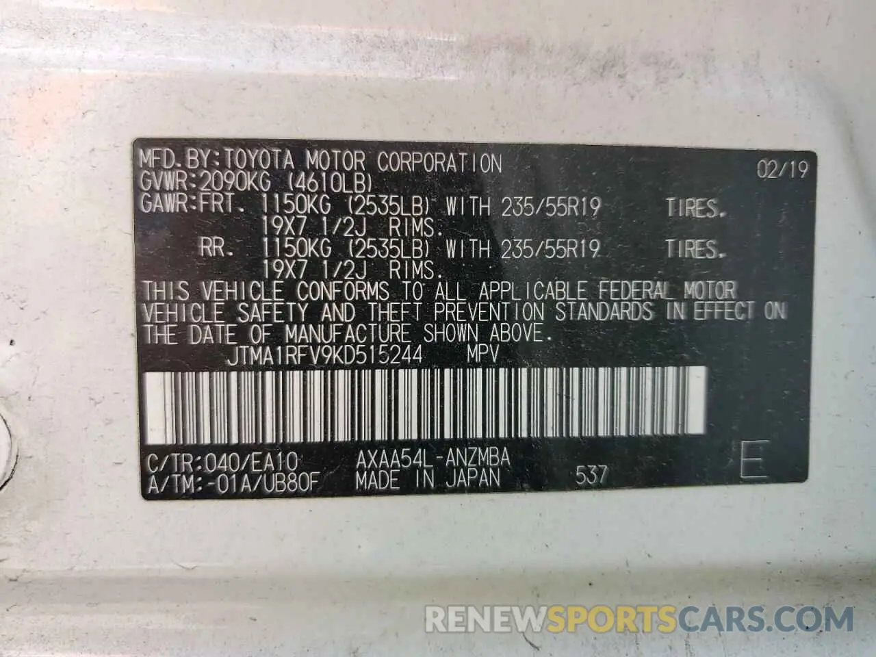 13 Photograph of a damaged car JTMA1RFV9KD515244 TOYOTA RAV4 2019