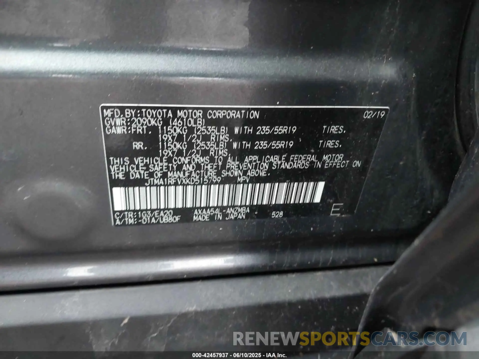 9 Photograph of a damaged car JTMA1RFVXKD515799 TOYOTA RAV4 2019