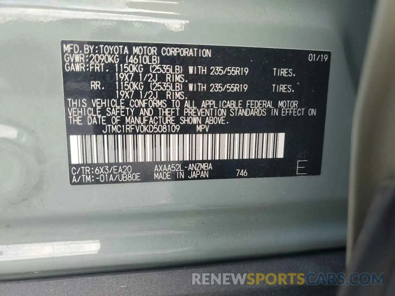 12 Photograph of a damaged car JTMC1RFV0KD508109 TOYOTA RAV4 2019