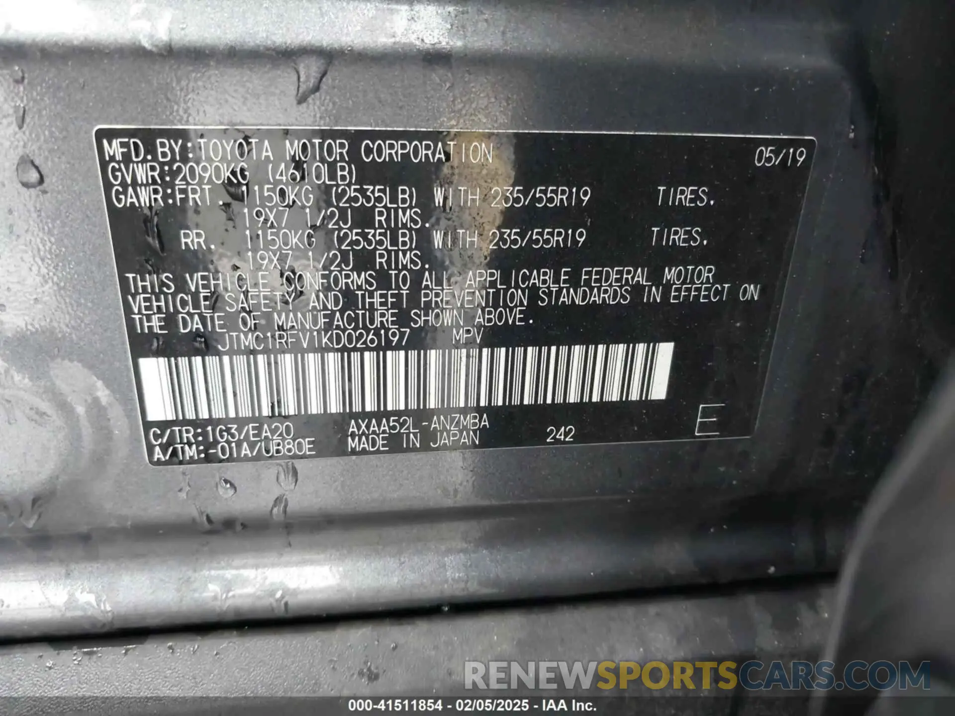 9 Photograph of a damaged car JTMC1RFV1KD026197 TOYOTA RAV4 2019