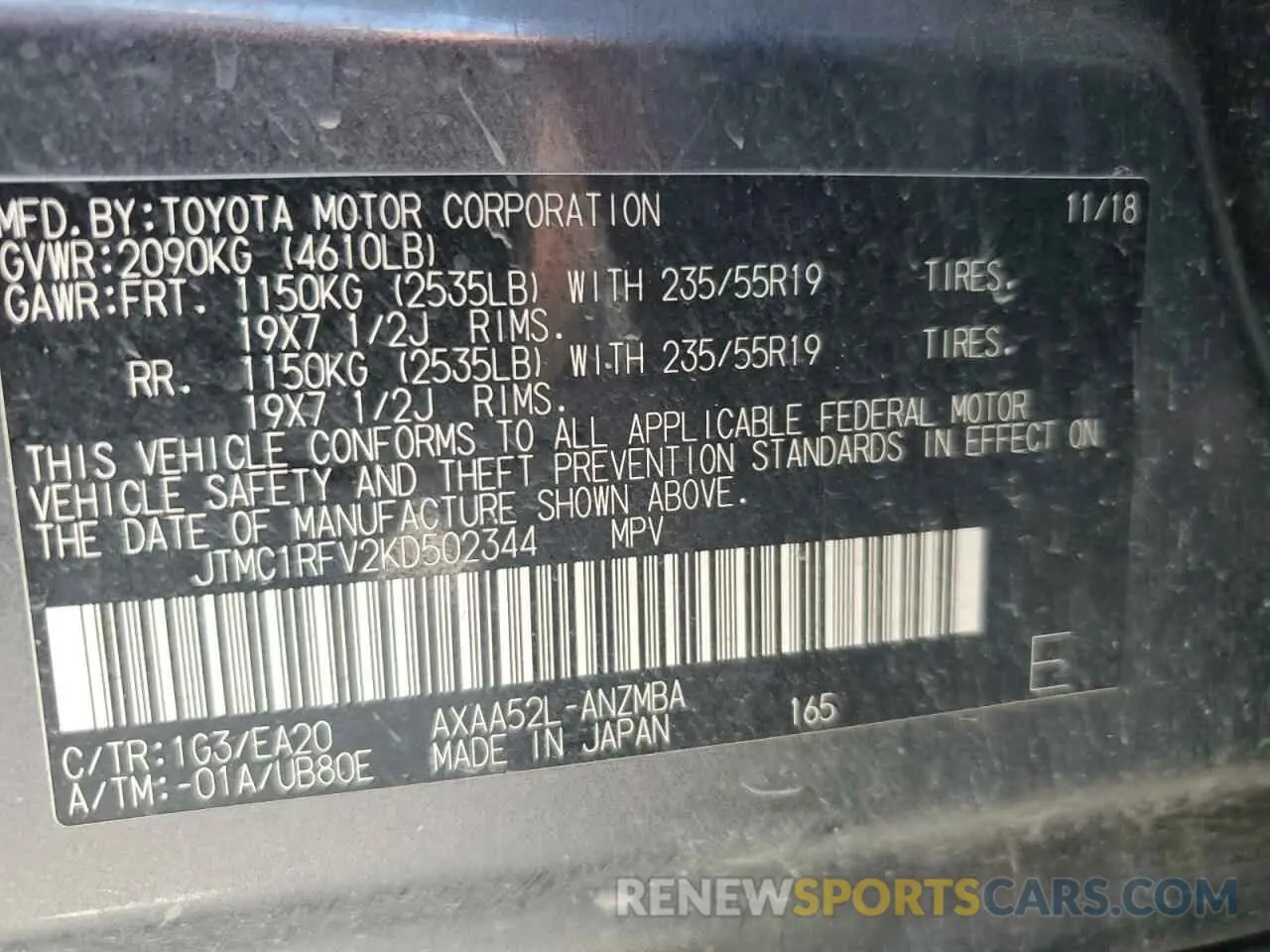 13 Photograph of a damaged car JTMC1RFV2KD502344 TOYOTA RAV4 2019