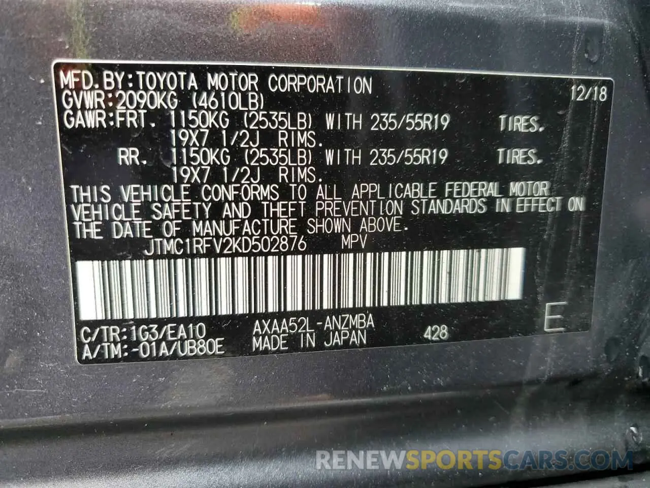 13 Photograph of a damaged car JTMC1RFV2KD502876 TOYOTA RAV4 2019