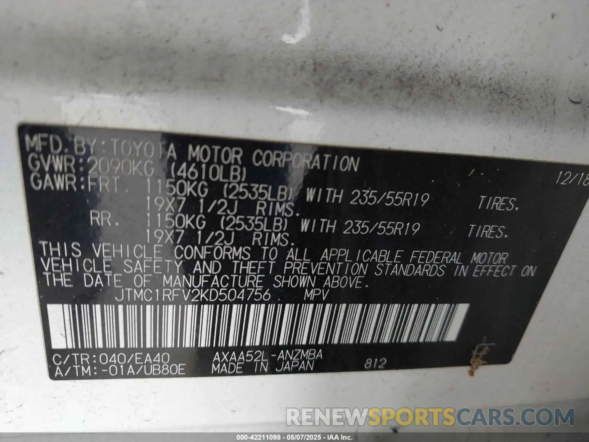 9 Photograph of a damaged car JTMC1RFV2KD504756 TOYOTA RAV4 2019
