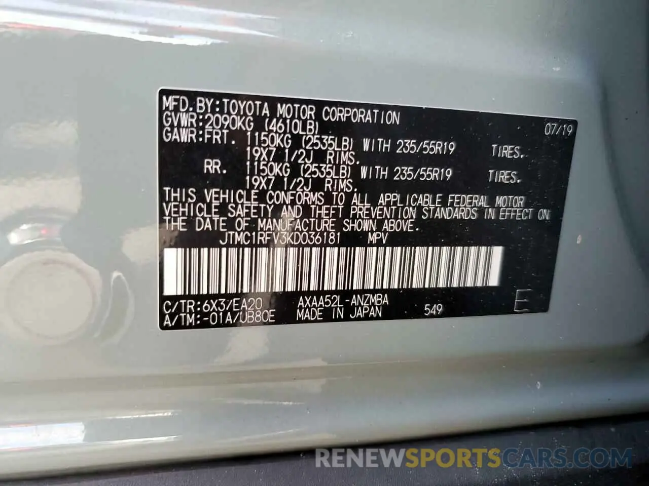 14 Photograph of a damaged car JTMC1RFV3KD036181 TOYOTA RAV4 2019