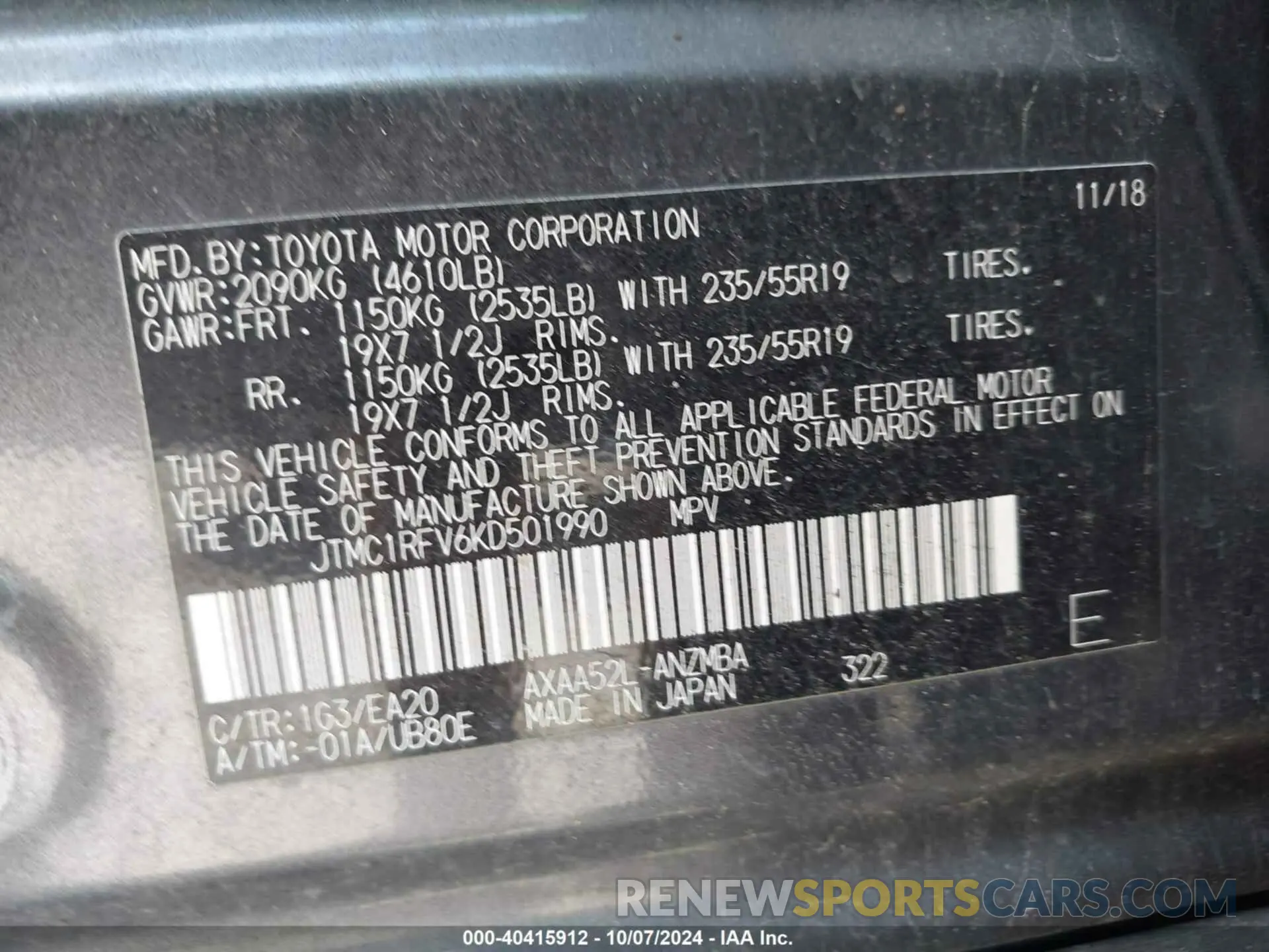 9 Photograph of a damaged car JTMC1RFV6KD501990 TOYOTA RAV4 2019