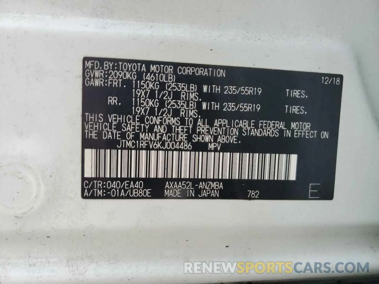 13 Photograph of a damaged car JTMC1RFV6KJ004486 TOYOTA RAV4 2019