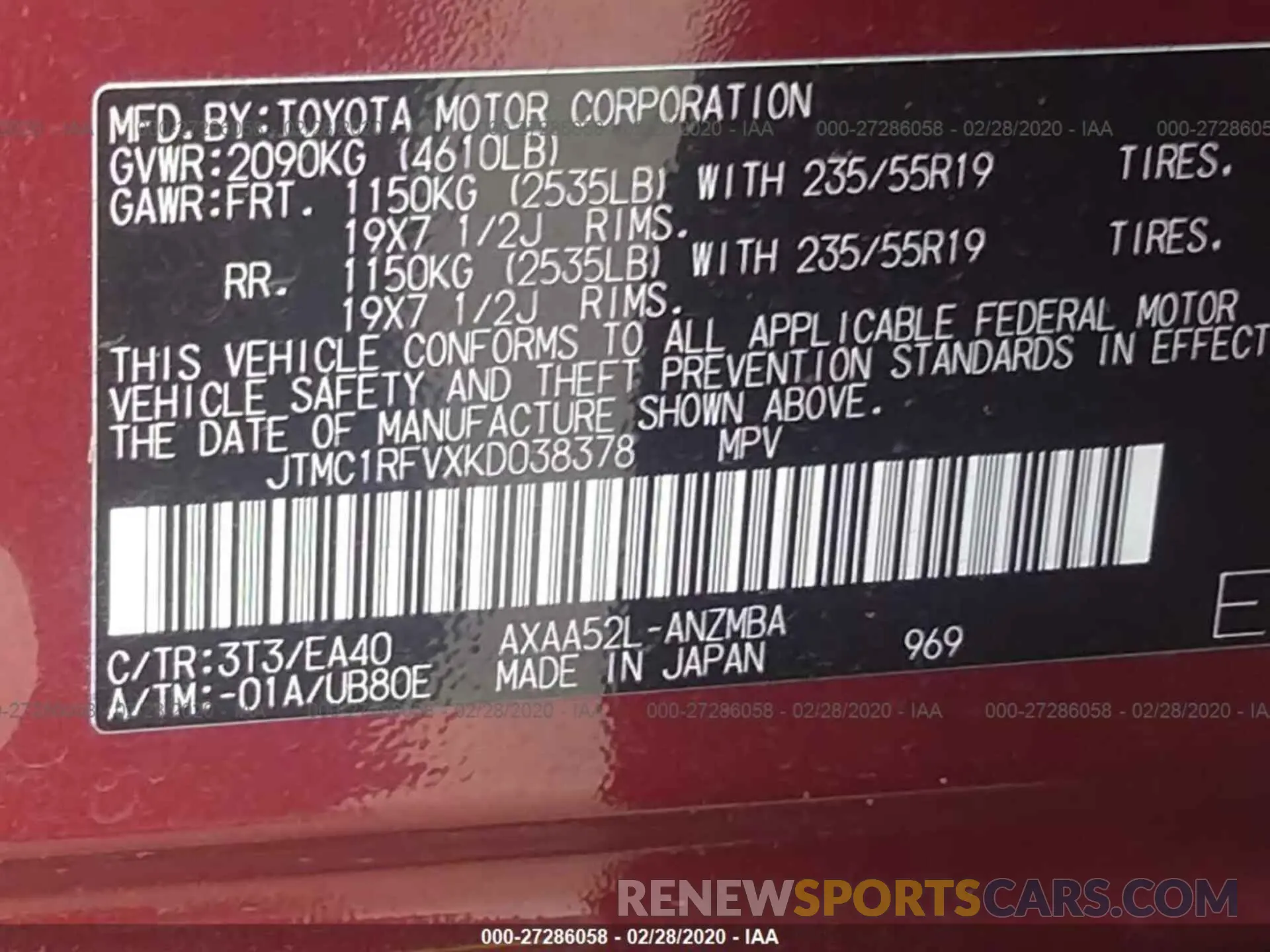 9 Photograph of a damaged car JTMC1RFVXKD038378 TOYOTA RAV4 2019