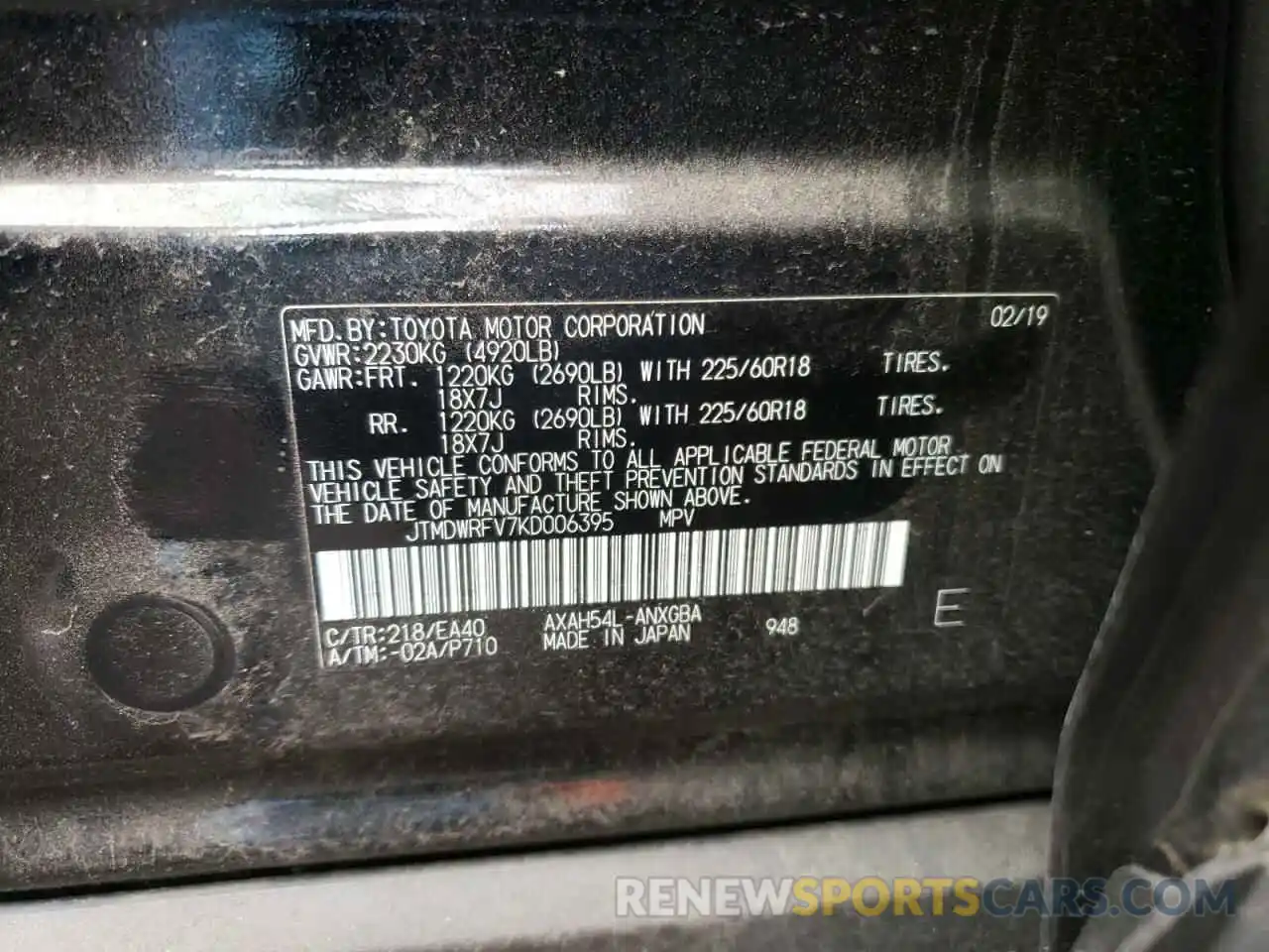 10 Photograph of a damaged car JTMDWRFV7KD006395 TOYOTA RAV4 2019