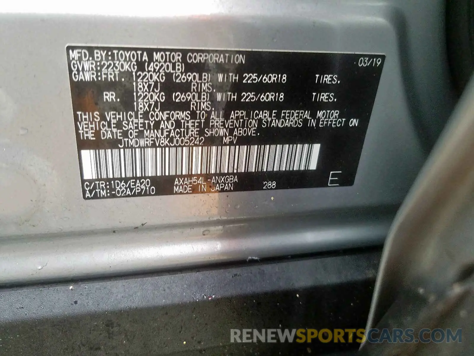 10 Photograph of a damaged car JTMDWRFV8KJ005242 TOYOTA RAV4 2019