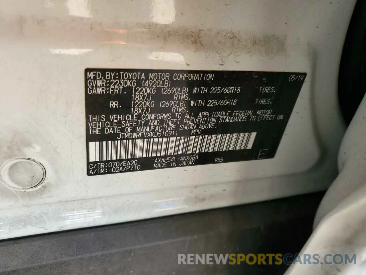 12 Photograph of a damaged car JTMDWRFVXKD510911 TOYOTA RAV4 2019