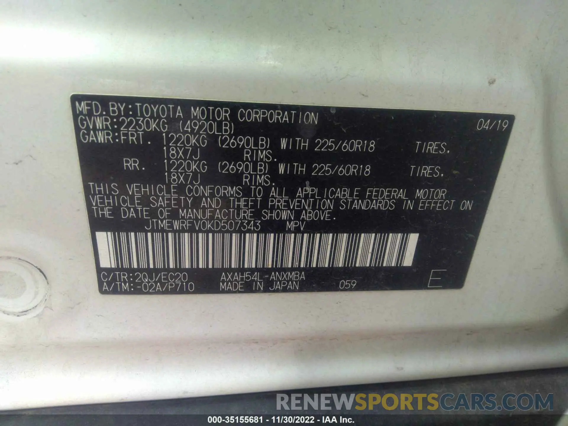 9 Photograph of a damaged car JTMEWRFV0KD507343 TOYOTA RAV4 2019