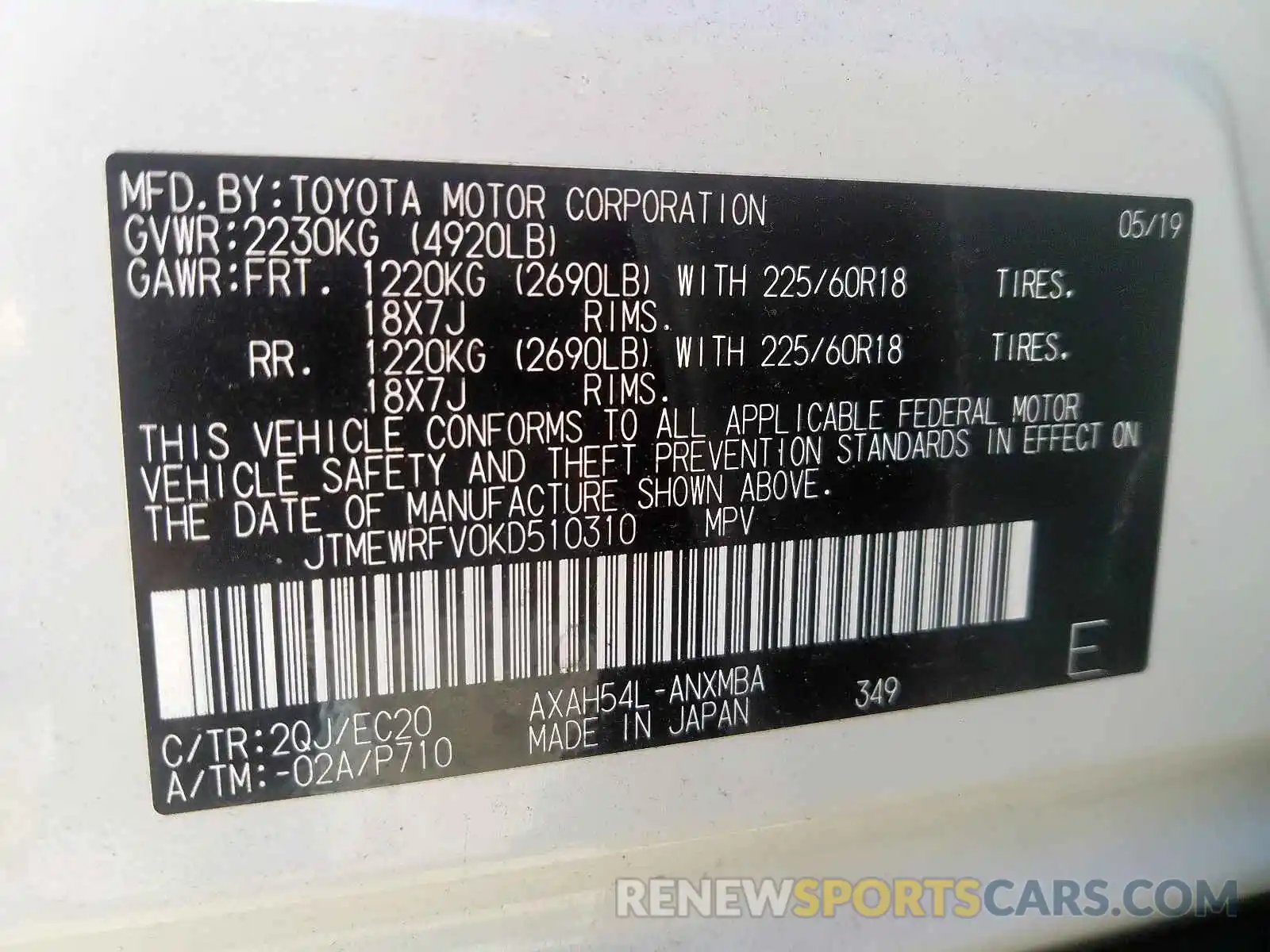 10 Photograph of a damaged car JTMEWRFV0KD510310 TOYOTA RAV4 2019