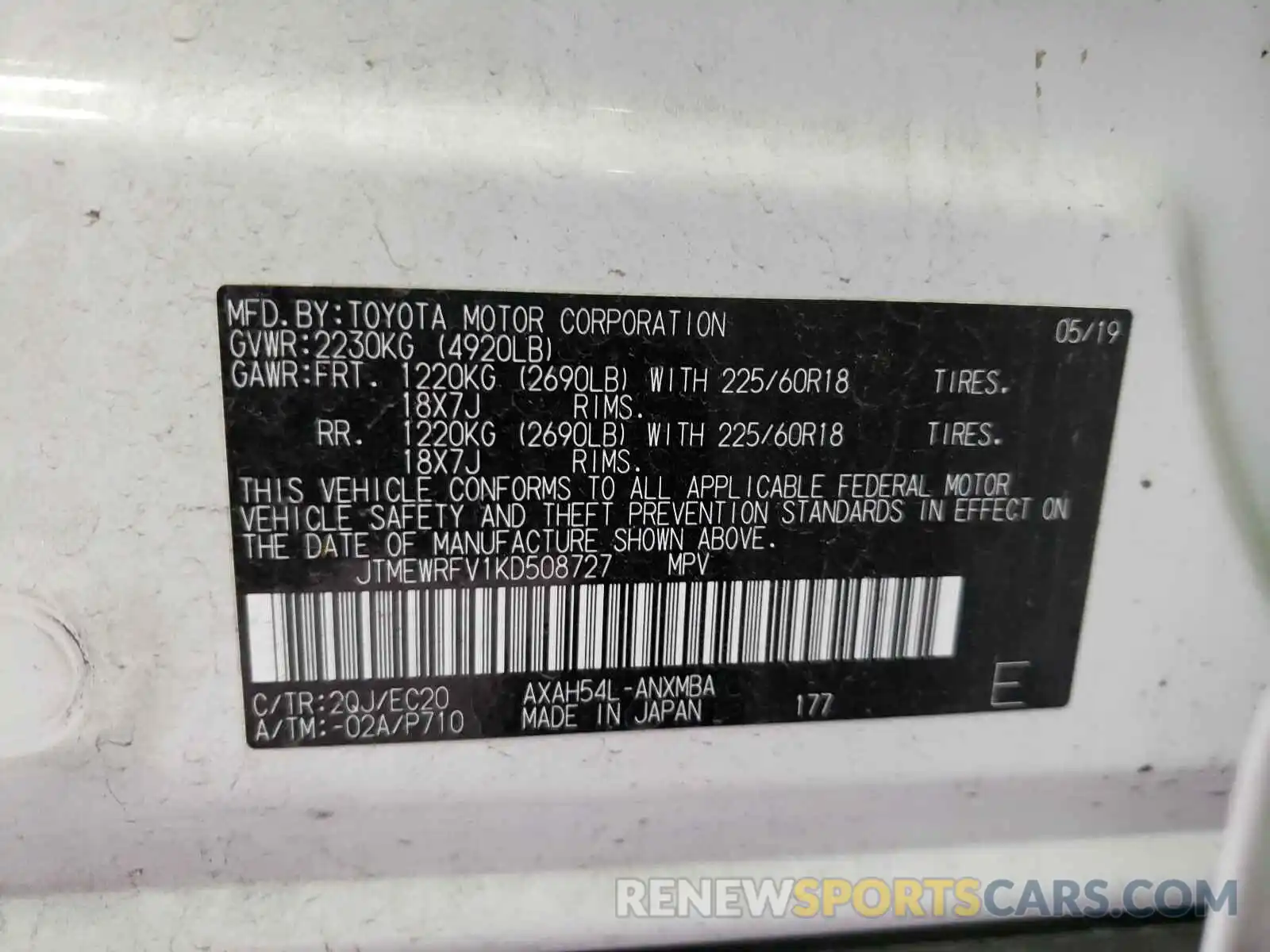 10 Photograph of a damaged car JTMEWRFV1KD508727 TOYOTA RAV4 2019