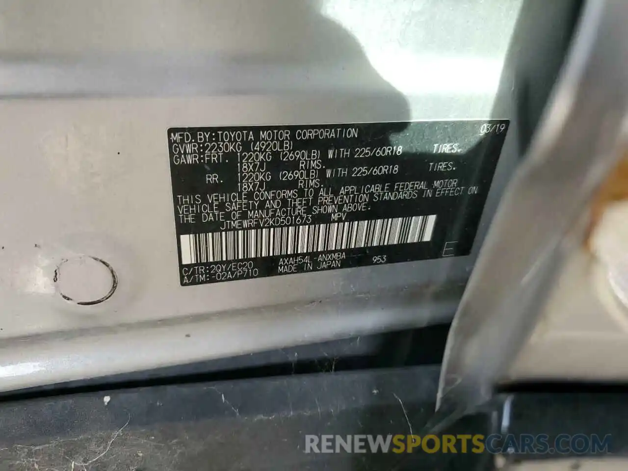 10 Photograph of a damaged car JTMEWRFV2KD501673 TOYOTA RAV4 2019