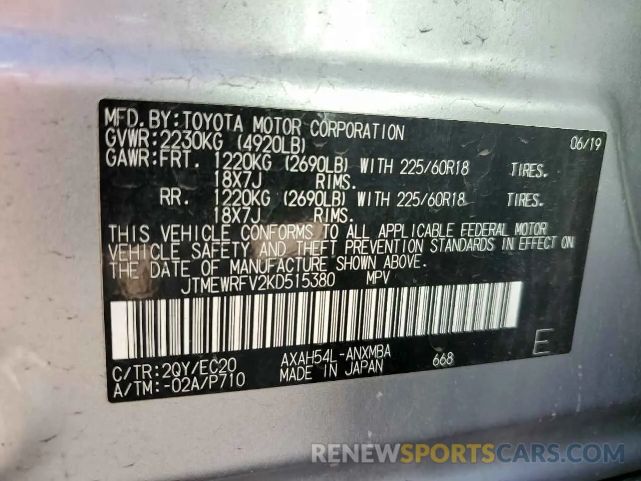 13 Photograph of a damaged car JTMEWRFV2KD515380 TOYOTA RAV4 2019