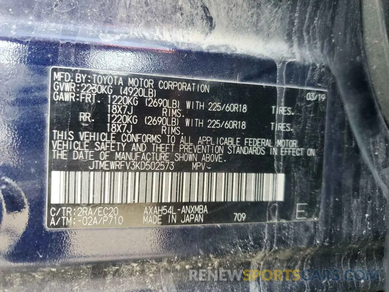 12 Photograph of a damaged car JTMEWRFV3KD502573 TOYOTA RAV4 2019
