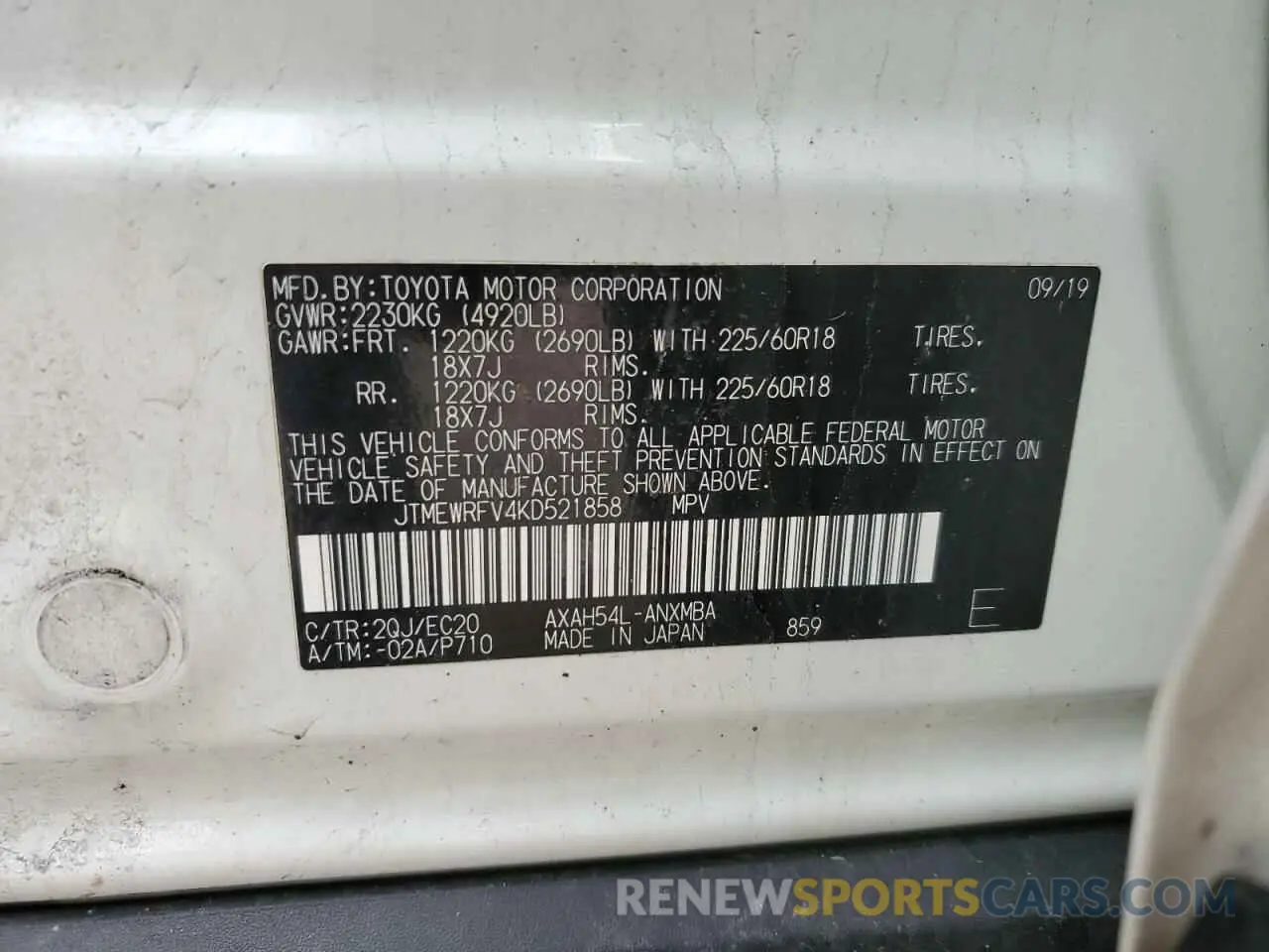 14 Photograph of a damaged car JTMEWRFV4KD521858 TOYOTA RAV4 2019