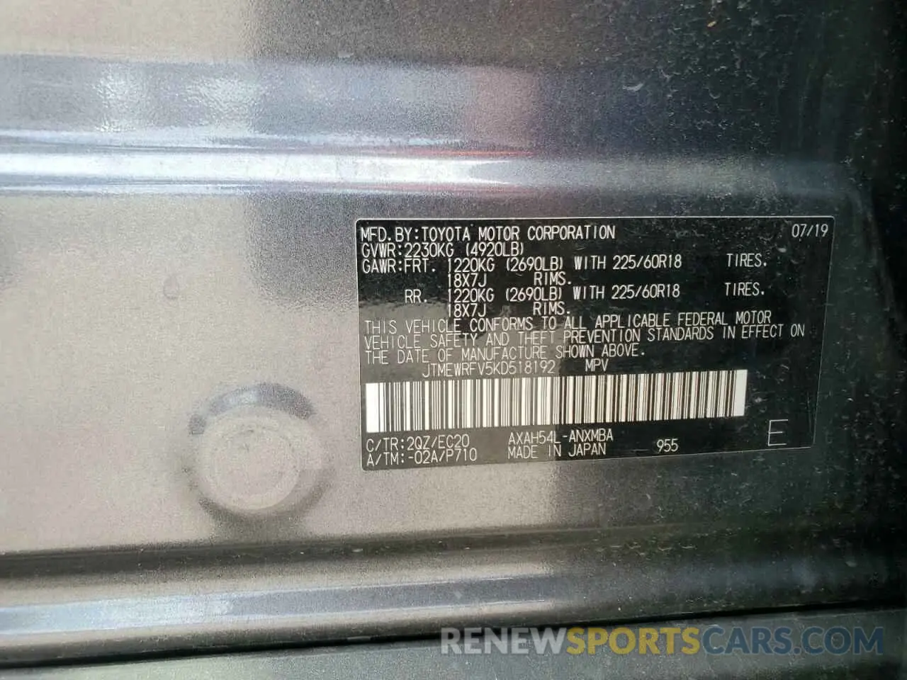 13 Photograph of a damaged car JTMEWRFV5KD518192 TOYOTA RAV4 2019