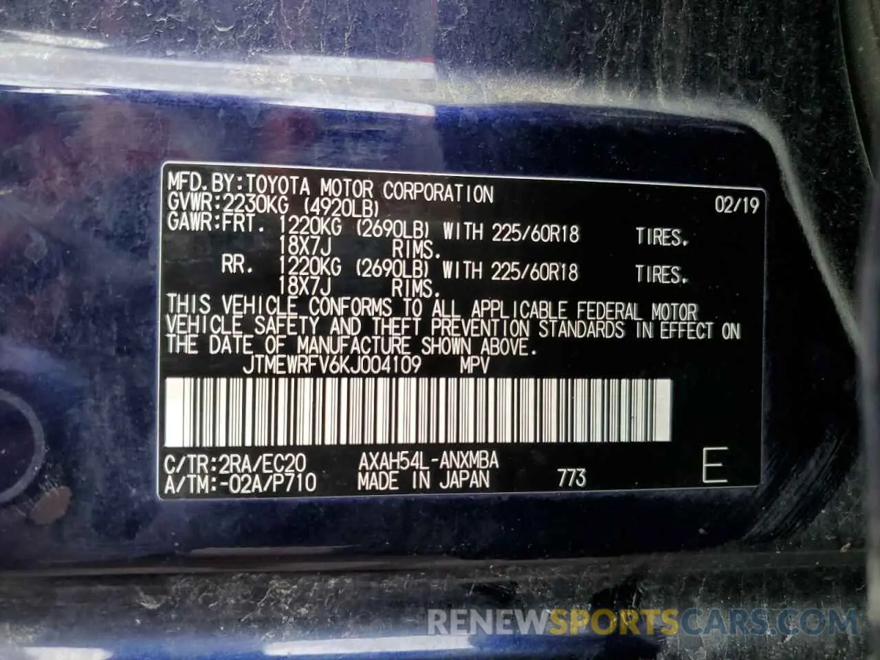 13 Photograph of a damaged car JTMEWRFV6KJ004109 TOYOTA RAV4 2019