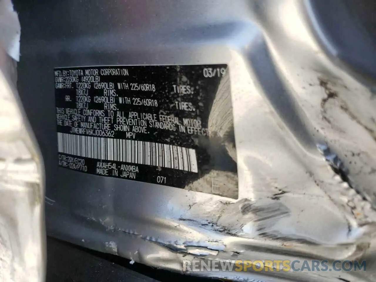 14 Photograph of a damaged car JTMEWRFV6KJ006362 TOYOTA RAV4 2019