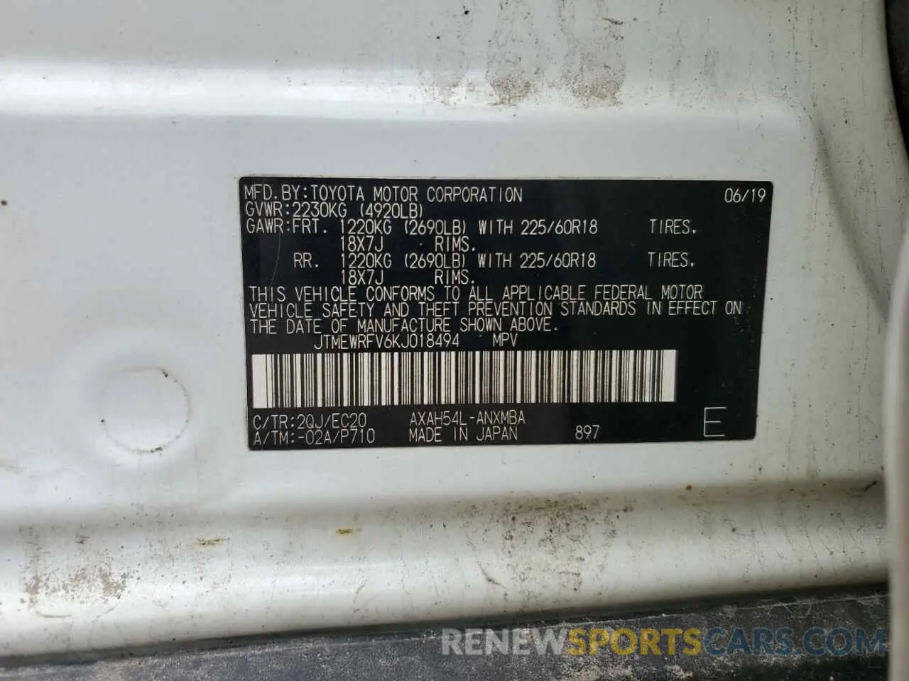 13 Photograph of a damaged car JTMEWRFV6KJ018494 TOYOTA RAV4 2019