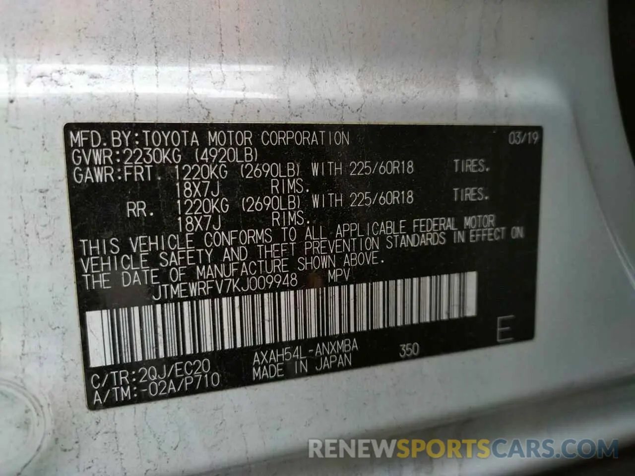 13 Photograph of a damaged car JTMEWRFV7KJ009948 TOYOTA RAV4 2019
