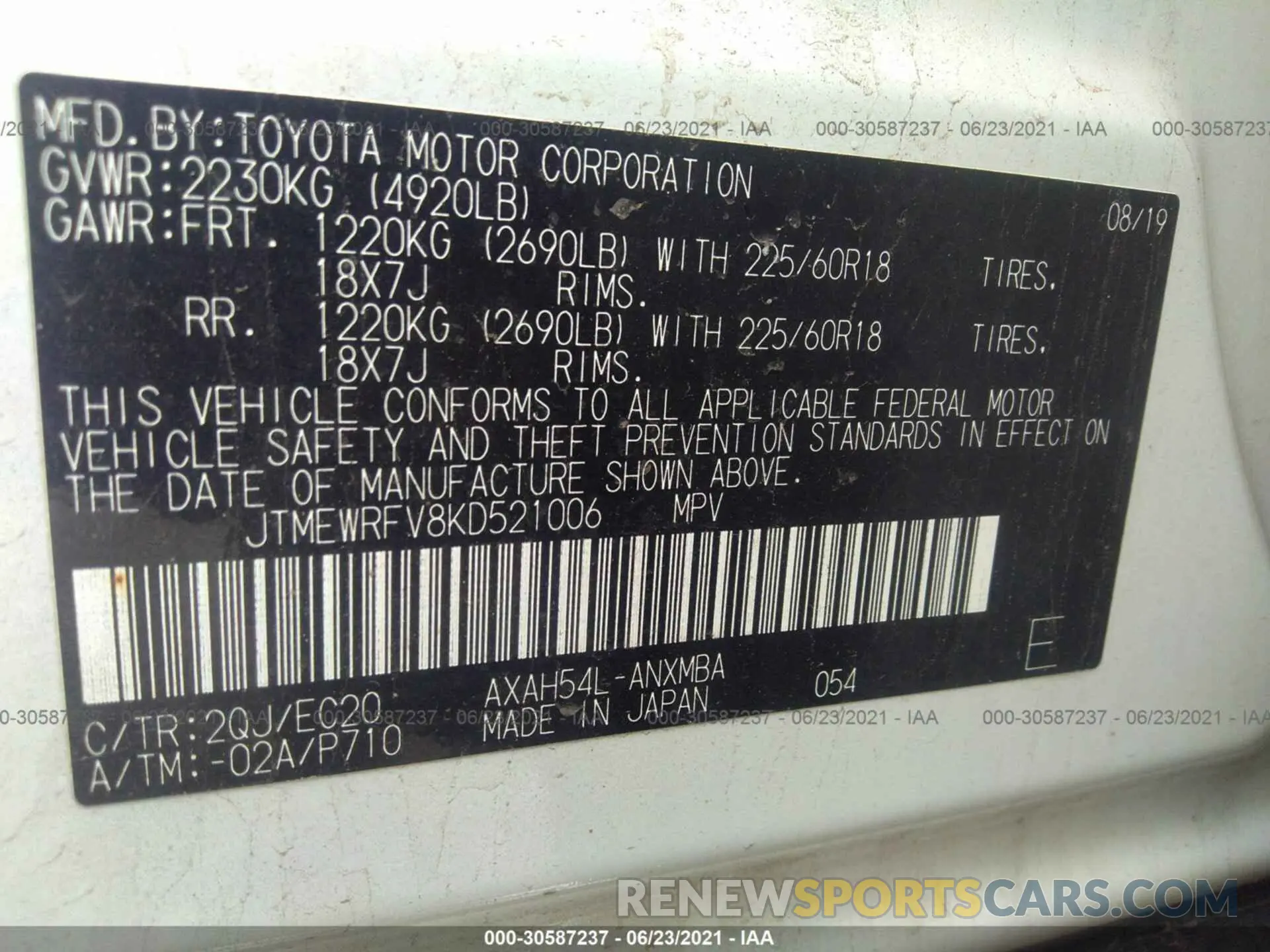 9 Photograph of a damaged car JTMEWRFV8KD521006 TOYOTA RAV4 2019