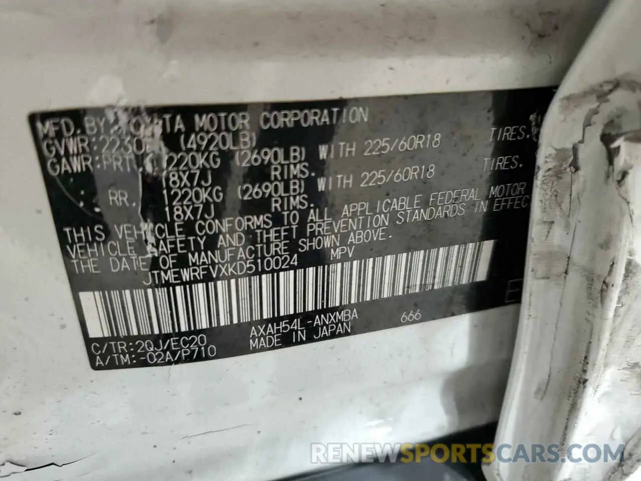 13 Photograph of a damaged car JTMEWRFVXKD510024 TOYOTA RAV4 2019