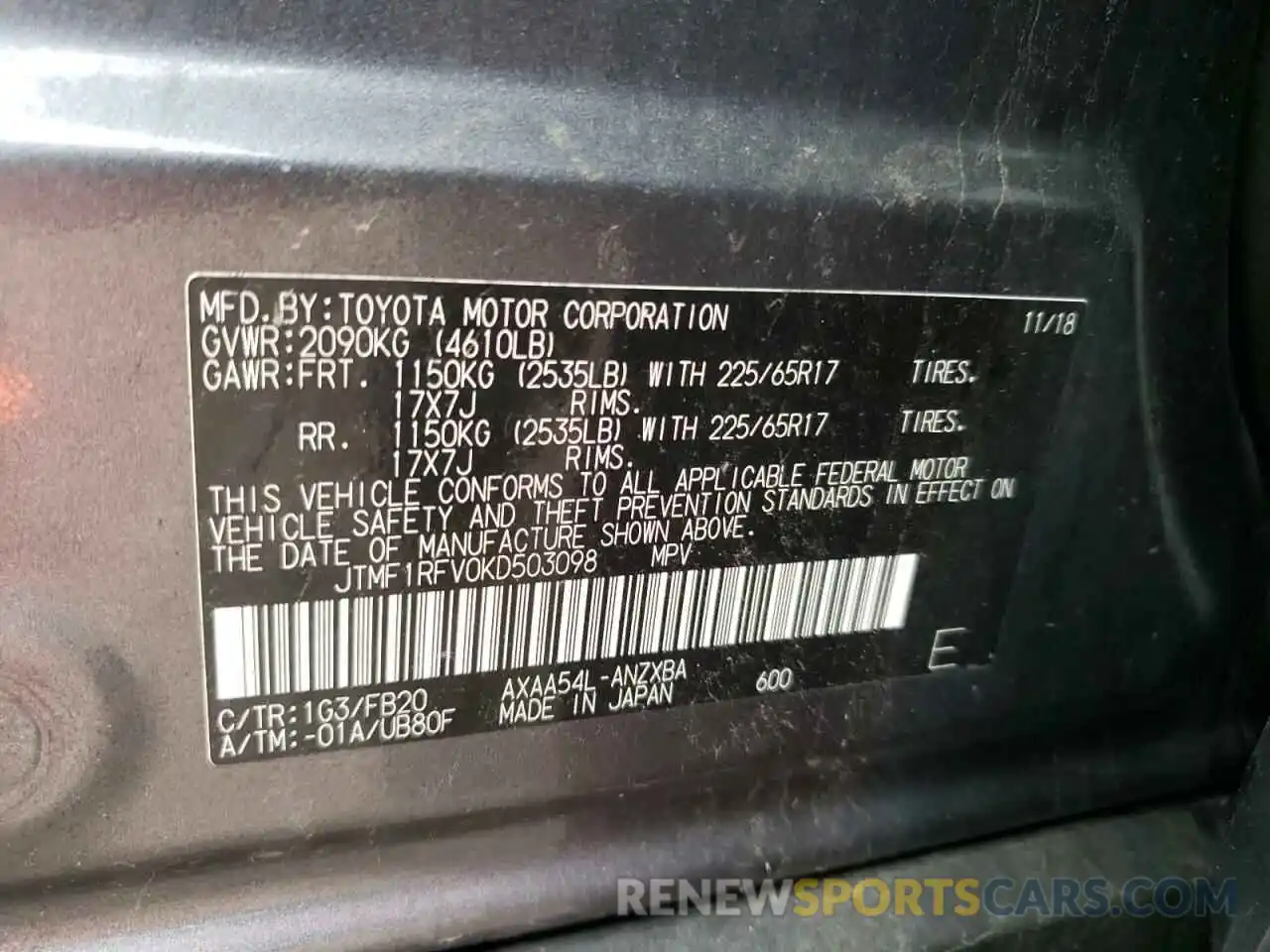 10 Photograph of a damaged car JTMF1RFV0KD503098 TOYOTA RAV4 2019