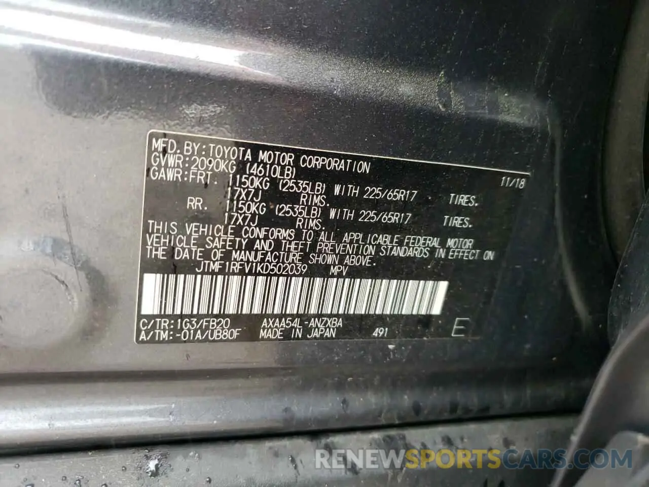 14 Photograph of a damaged car JTMF1RFV1KD502039 TOYOTA RAV4 2019