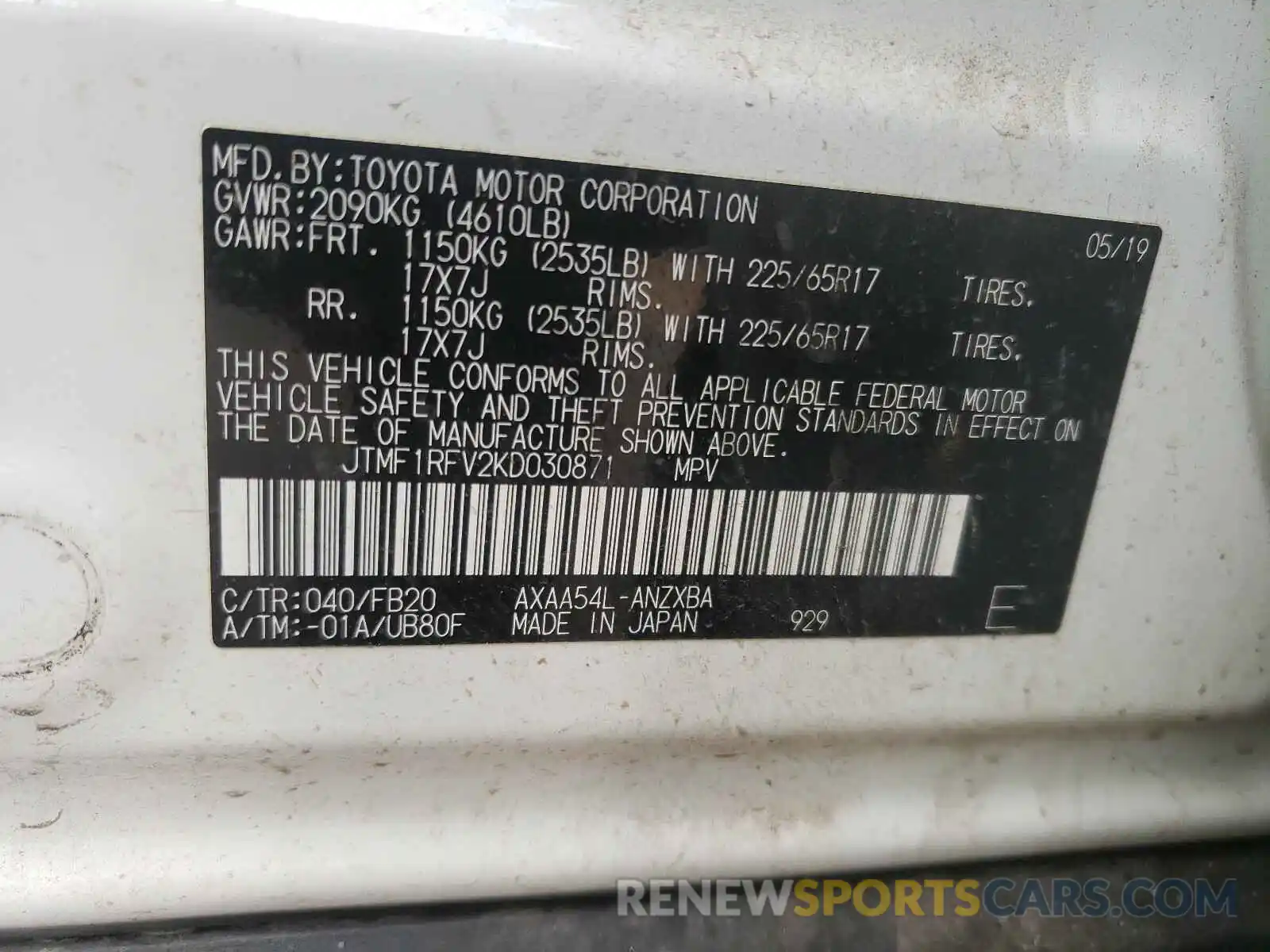 10 Photograph of a damaged car JTMF1RFV2KD030871 TOYOTA RAV4 2019