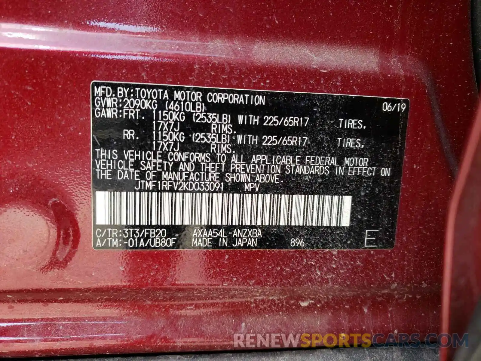 10 Photograph of a damaged car JTMF1RFV2KD033091 TOYOTA RAV4 2019