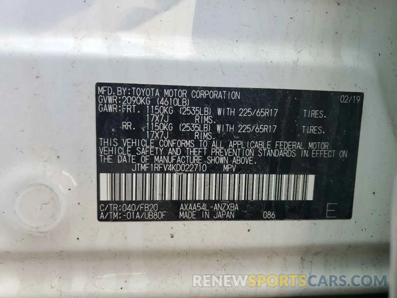 13 Photograph of a damaged car JTMF1RFV4KD022710 TOYOTA RAV4 2019