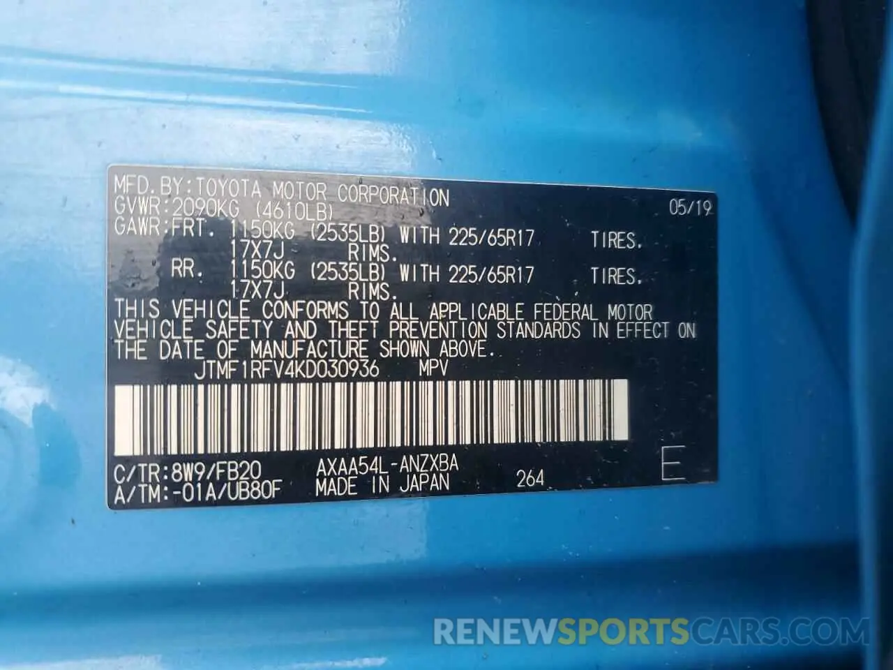 13 Photograph of a damaged car JTMF1RFV4KD030936 TOYOTA RAV4 2019
