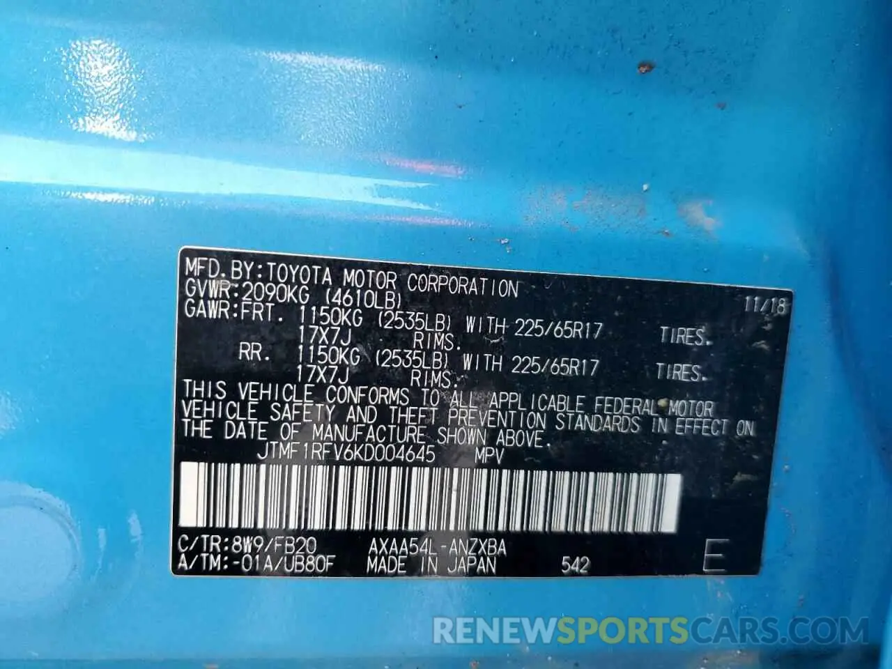 14 Photograph of a damaged car JTMF1RFV6KD004645 TOYOTA RAV4 2019
