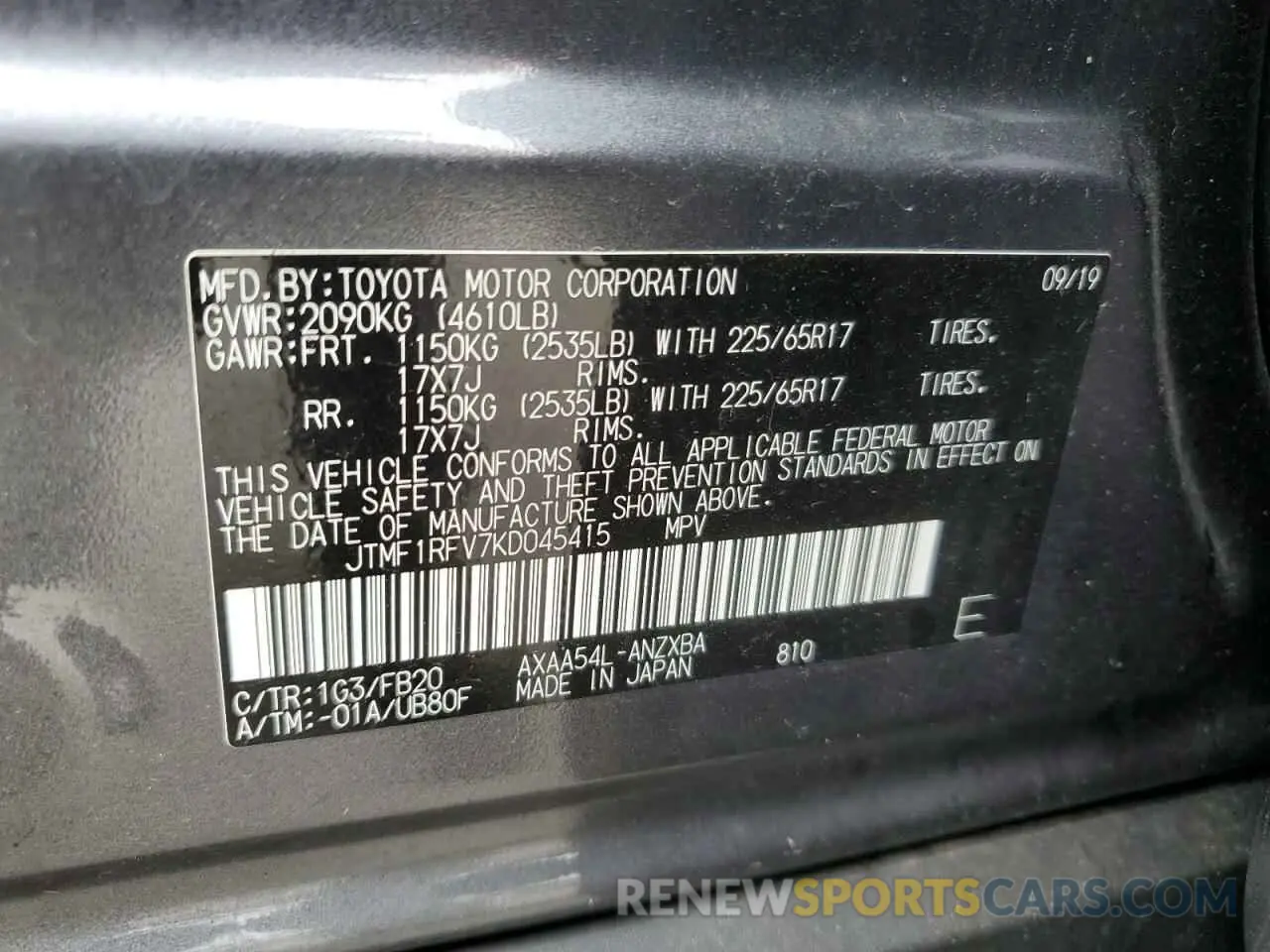 13 Photograph of a damaged car JTMF1RFV7KD045415 TOYOTA RAV4 2019