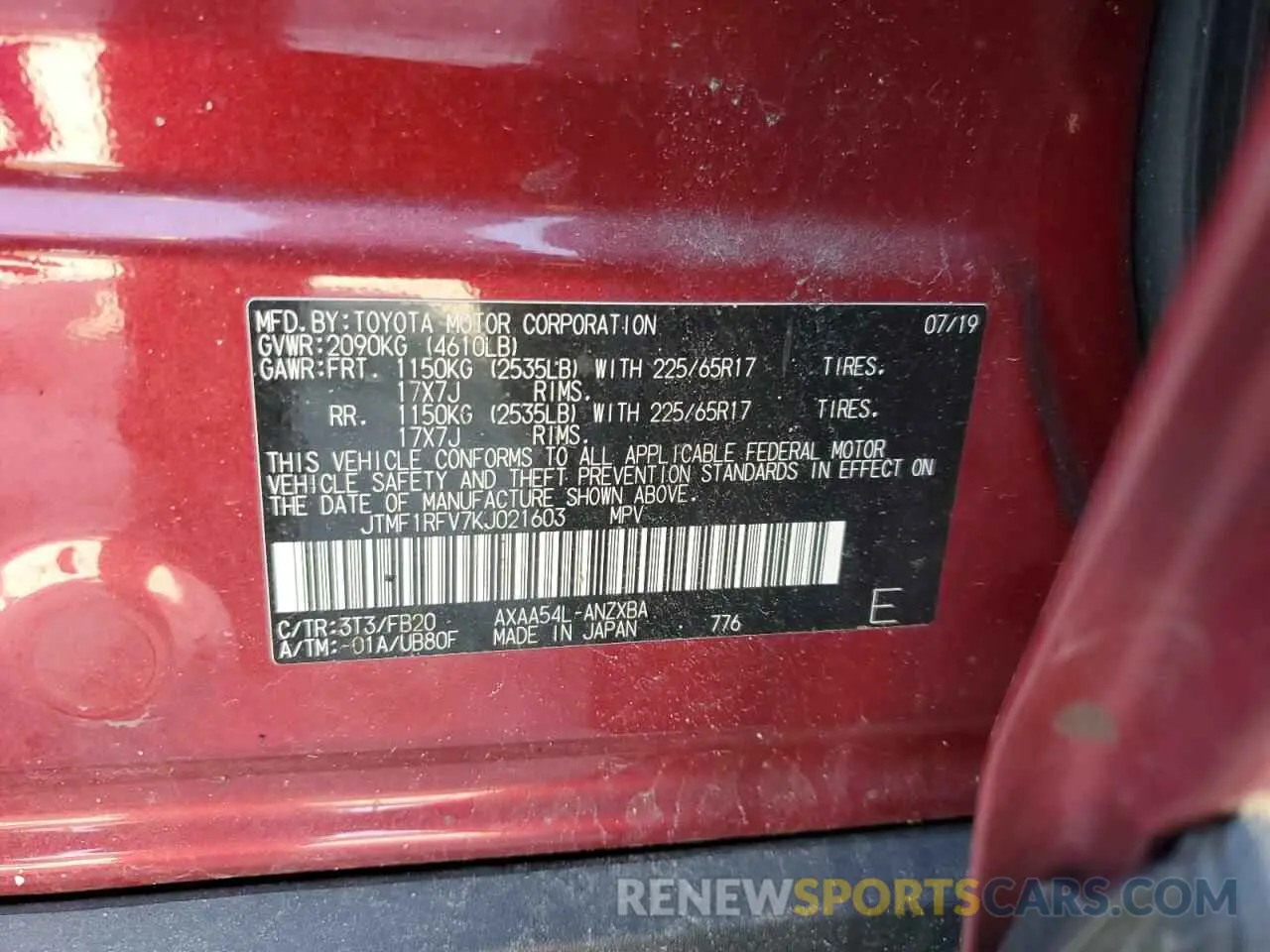 14 Photograph of a damaged car JTMF1RFV7KJ021603 TOYOTA RAV4 2019