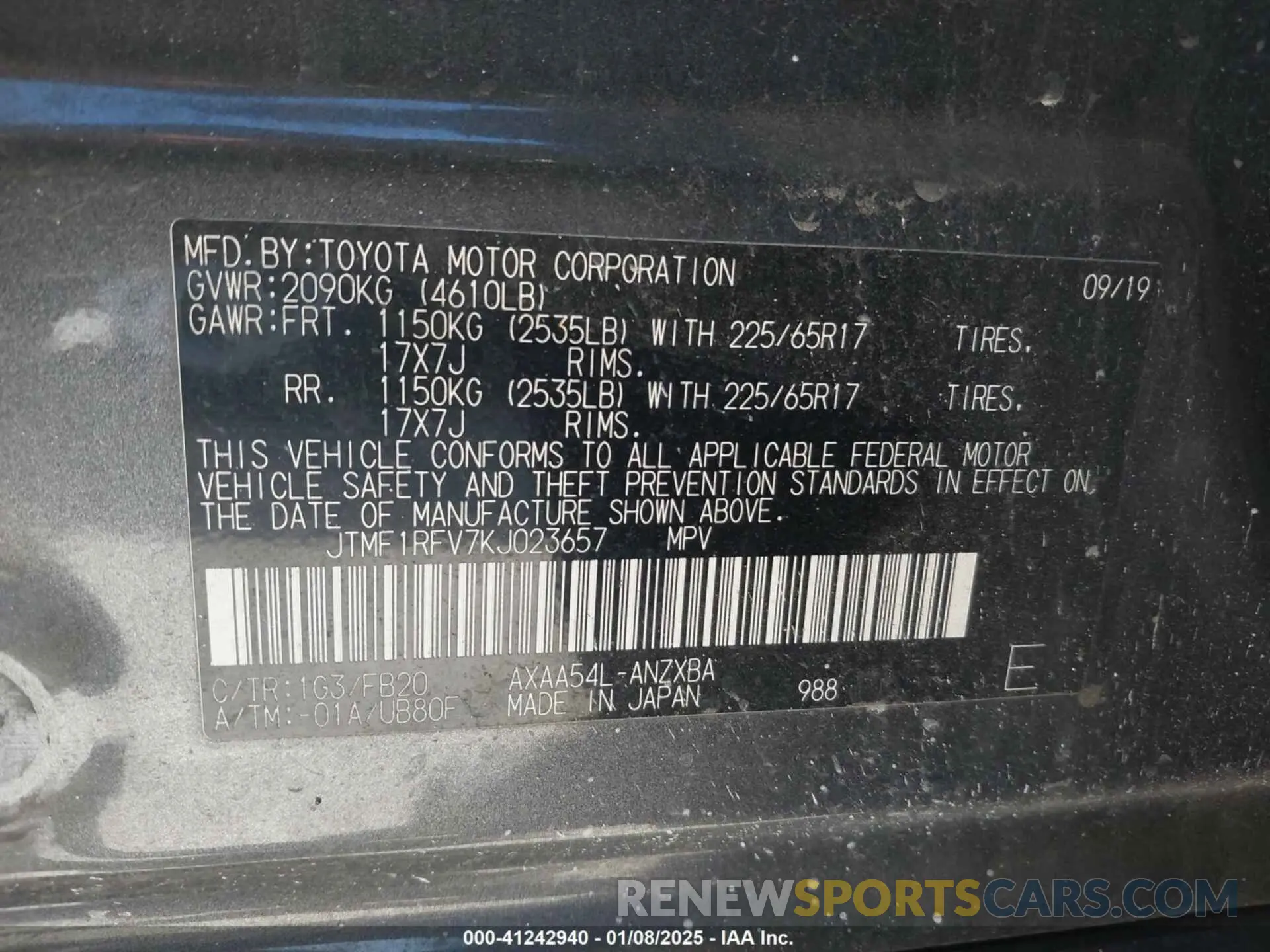 9 Photograph of a damaged car JTMF1RFV7KJ023657 TOYOTA RAV4 2019