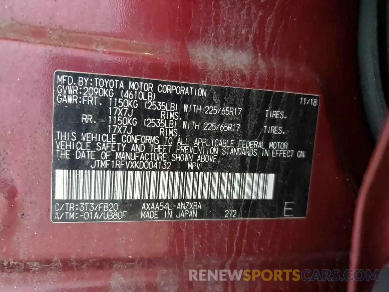 13 Photograph of a damaged car JTMF1RFVXKD004132 TOYOTA RAV4 2019