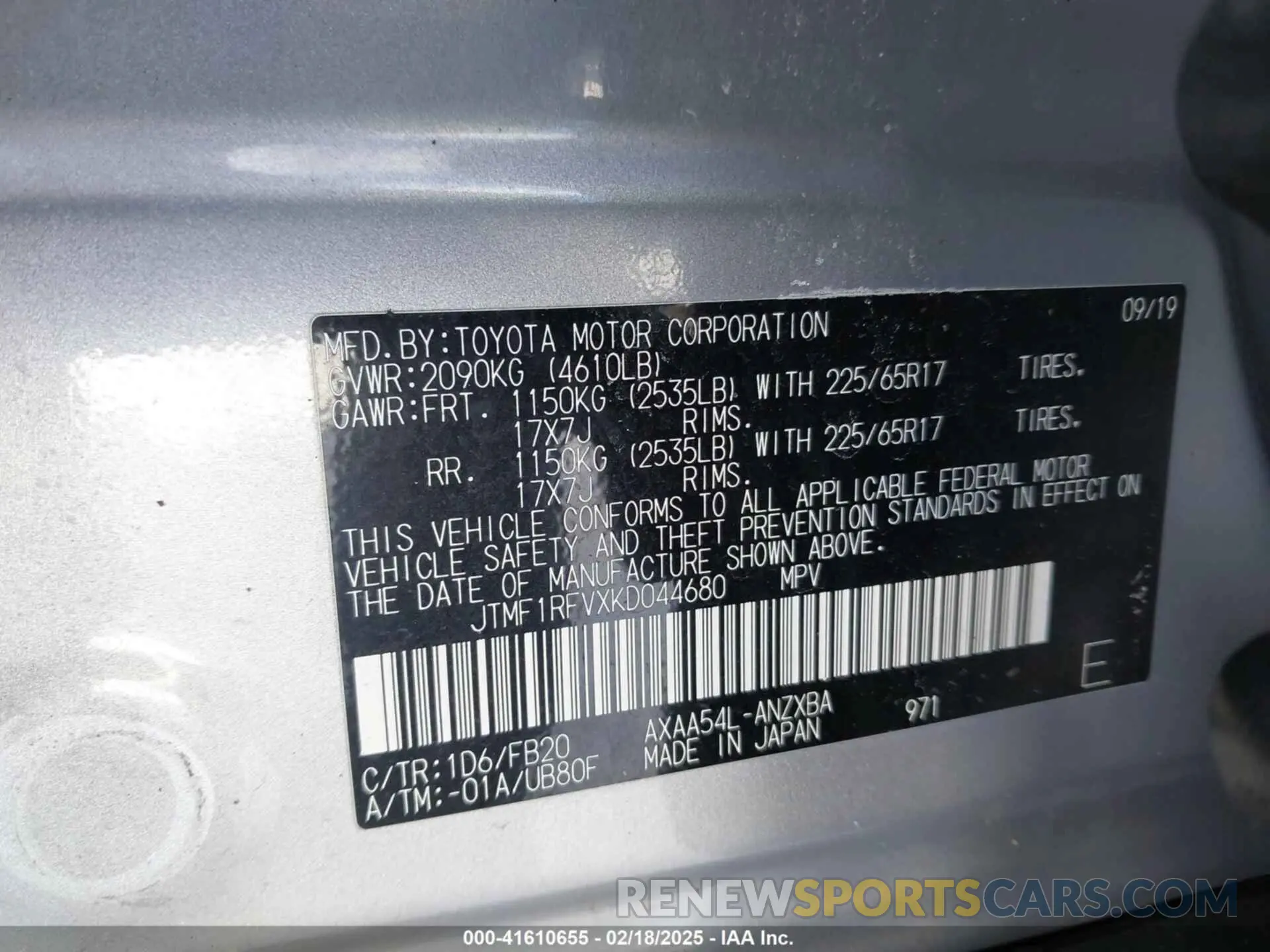 9 Photograph of a damaged car JTMF1RFVXKD044680 TOYOTA RAV4 2019
